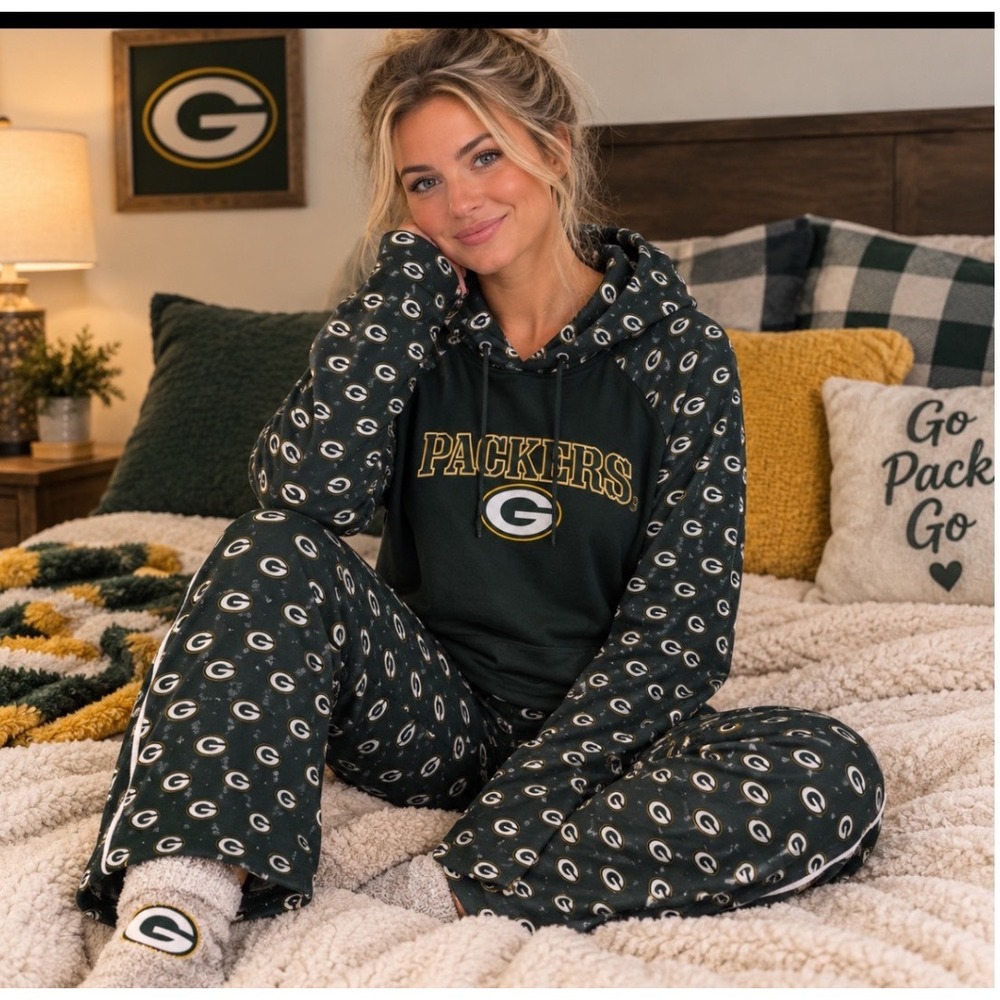 NFL Green Bay Packers Pajama Set Womens XL L Green Excellent Hooded Lounge Set